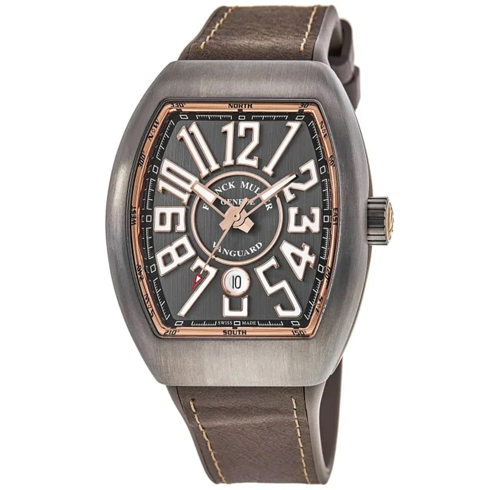 New Franck Muller Vanguard Titanium & Rose Gold Men's Watch V 45 SC DT BR (5N): CaseCase MaterialTitaniumCase ShapeTonneauCase Width44.00mmCase Height53.70mmCase BackSolidCrystalScratch Resistant SapphireDialDial ColorGreyDial DescriptionRose Gold tone Hands and Arabic Numeral Ho