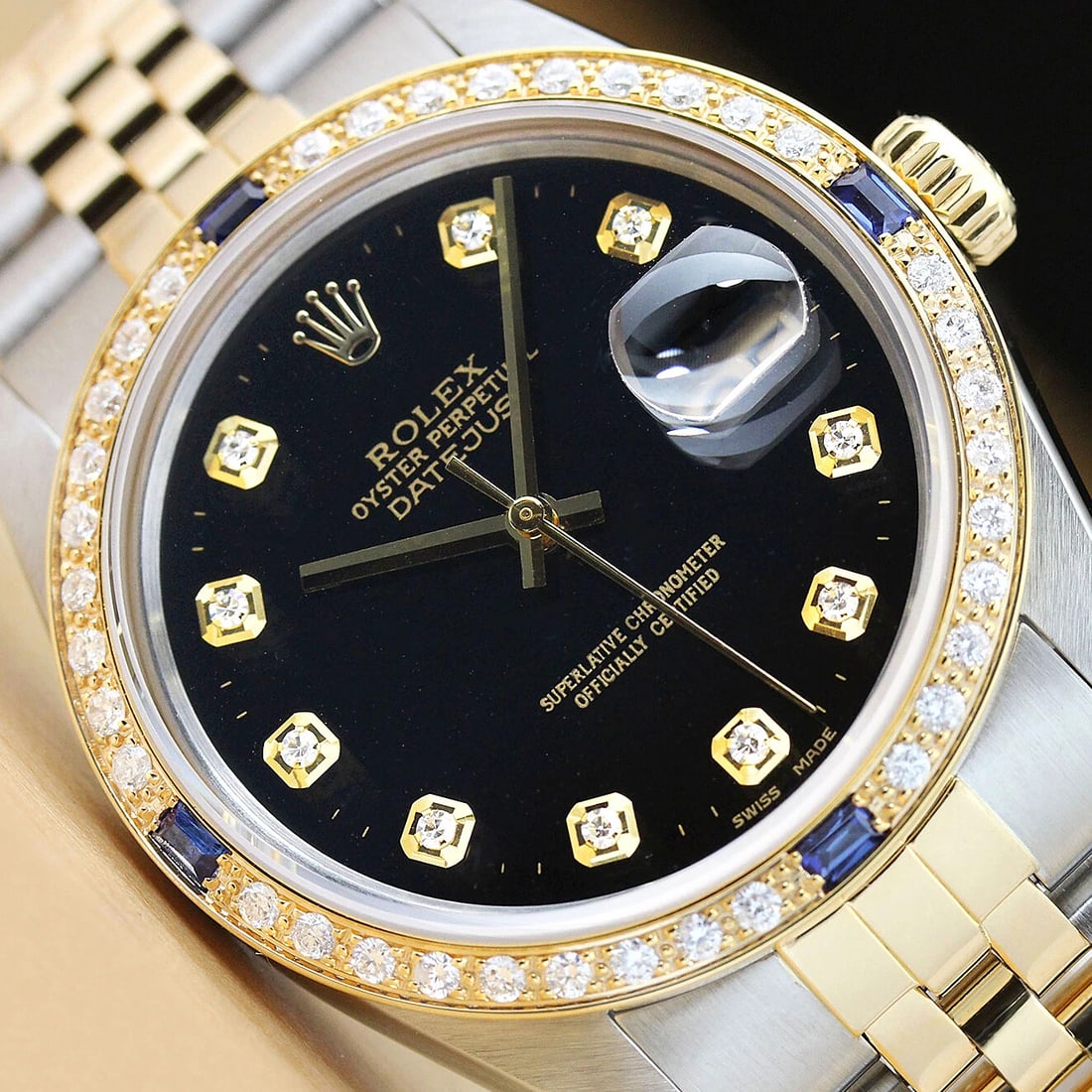 ROLEX MENS DATEJUST 16013 BLACK 18K YELLOW GOLD DIAMOND SAPPHIRE JUBILEE WATCH (1 of 8)