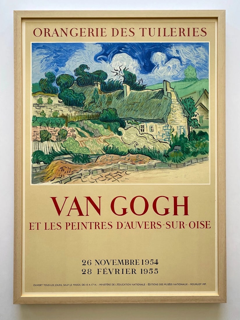 VAN GOGH RARE 1954 MOURLOT LITHOGRAPH PRINT FRAMED EXHBT POSTER "COTTAGES" 1890: Condition: Used,Country of Origin: France,Artist: Vincent van Gogh,Unit of Sale: Single-Piece Work,Size: Large,Signed: No,Color: Multicolor,Title: " Thatched Cottages at Cordeville ",Material: Paper,O