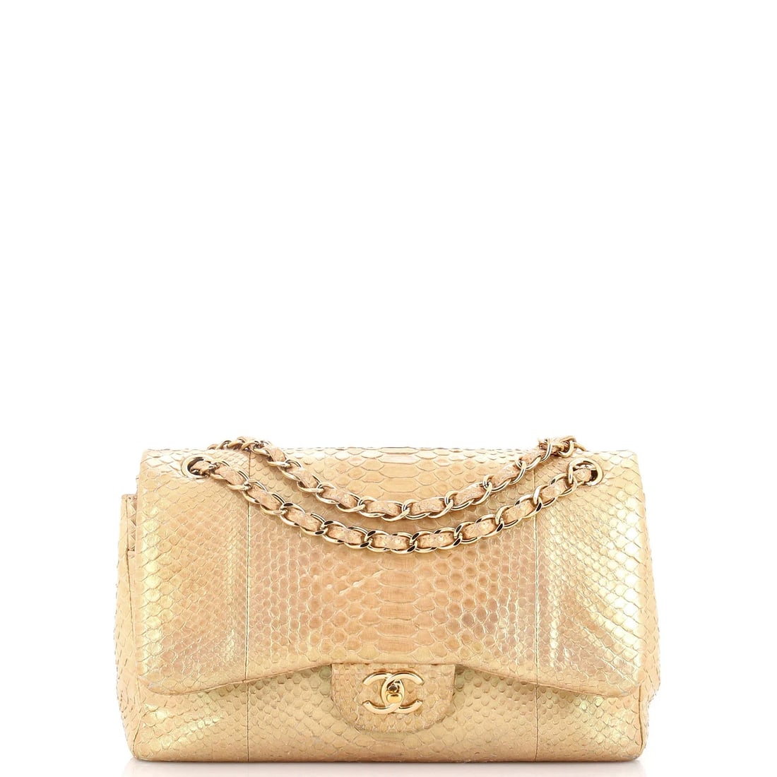 Chanel Classic Double Flap Bag Iridescent Python Jumbo: Condition: Pre-owned - Good,Brand: Chanel,Exterior Material: Python,Style: Shoulder Bags,Exterior Color: Gold,Department: Women,Size: Jumbo