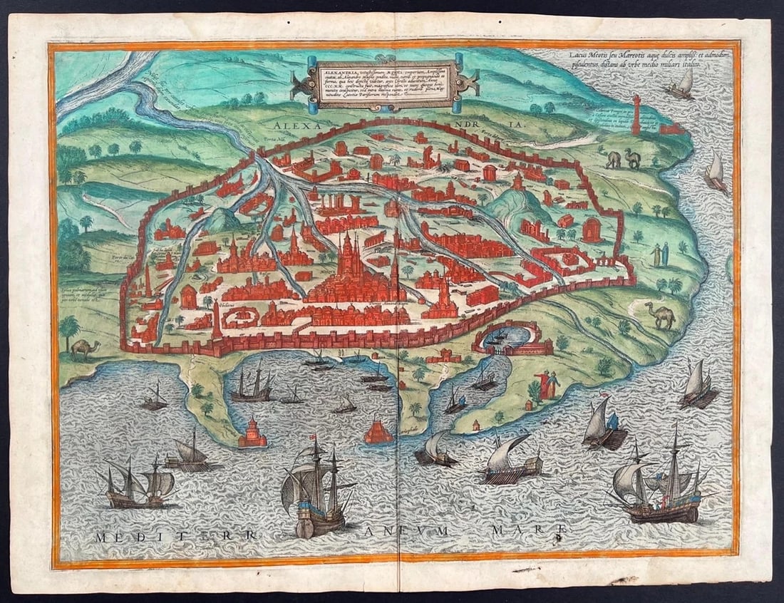 Georg Braun / 1575 View of Alexandria Egypt Color Engraving 20x15: Author: Georg Braun & Frans Hogenberg,Country of Origin: United States of America,Publisher: Unknown,Year Printed: 1575,Binding: Unbound