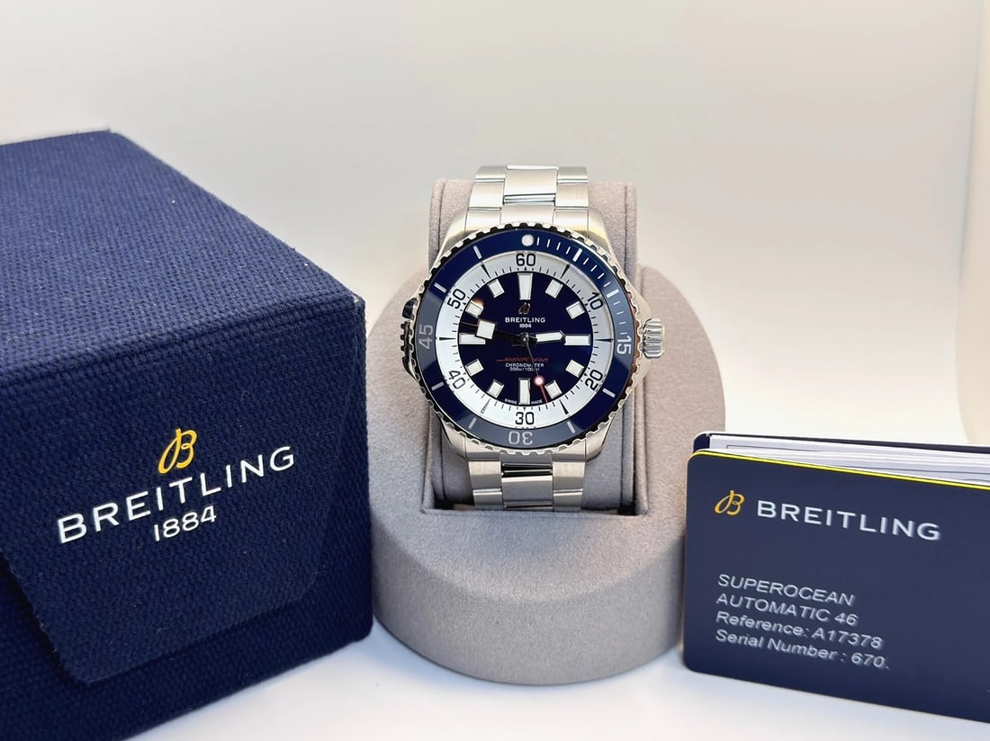 2023 Breitling Superocean 46 A17378 46mm Blue Dial Stainless Steel Box Paper: Condition: Pre-owned - Excellent,Bezel Color: Blue,Year Manufactured: 2020-Now,Band/Strap: Bracelet,Case Color: Silver,Department: Men,Watch Shape: Round,Style: Casual, Classic, Dress/Formal, Luxury,