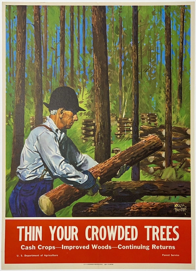 Original Vintage Poster THIN YOUR CROWDED TREES Treidler WWII Production LINEN: Dimensions: 13.25 x 18.25 in. / 33.7 x 46.4 cm.; Circa: 1945Original vintage "THIN YOUR CROWDED TREES" WWII era poster, plate signed by its artist, ADOLPH TREIDLER, and printed by the U.S. GOVERNMENT