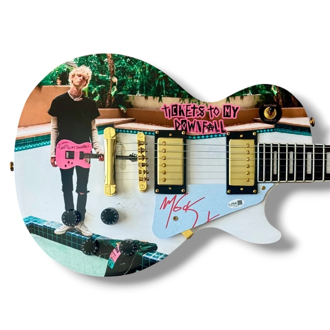 Machine Gun Kelly Signed Guitar Custom Graphics JSA COA Tickets To My Downfall: Industry: Music,Signed: Yes,Autograph Authentication: James Spence (JSA),Object Type: Guitar & Guitar Pick,Original/Reproduction: Original,Country of Origin: United States