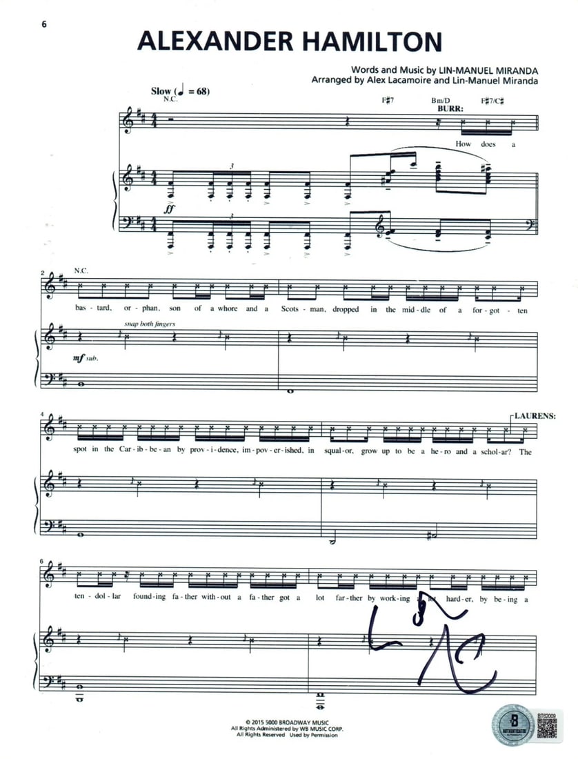 Lin-Manuel Miranda Hamilton Signed Autograph Alexander Hamilton Sheet Music BAS: Industry: Theater,Signed by: Lin-Manuel Miranda,Signed: Yes,Autograph Authentication: Beckett,Object Type: Sheet Music,Original/Reproduction: Original,Show: Hamilton,Country of Origin: United States