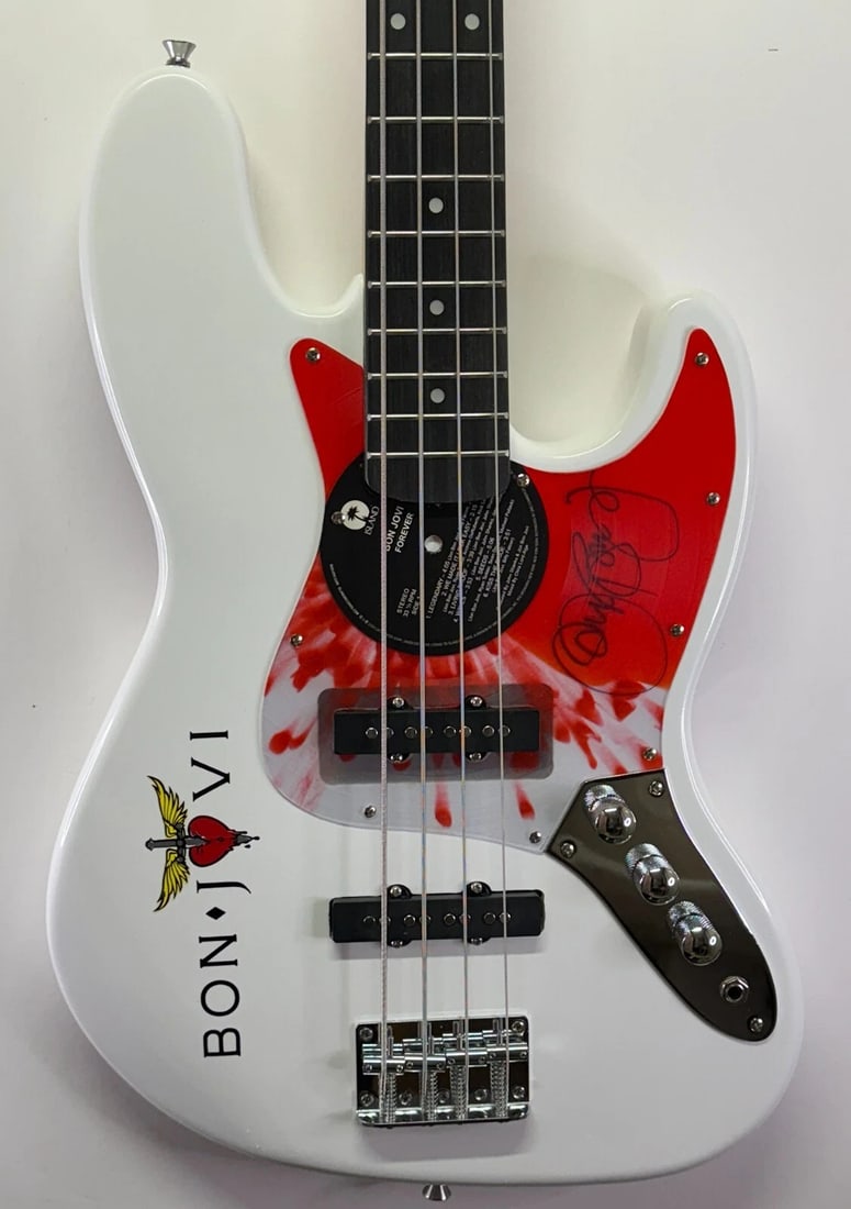 JON BON JOVI Signed Electric Jazz Bass Guitar Autograph JSA COA: Industry: Music,Signed: Yes,Autograph Authentication: James Spence (JSA) COA and ACOA LOA,Object Type: Guitar & Guitar Pick,Original/Reproduction: Original,Country of Origin: United States