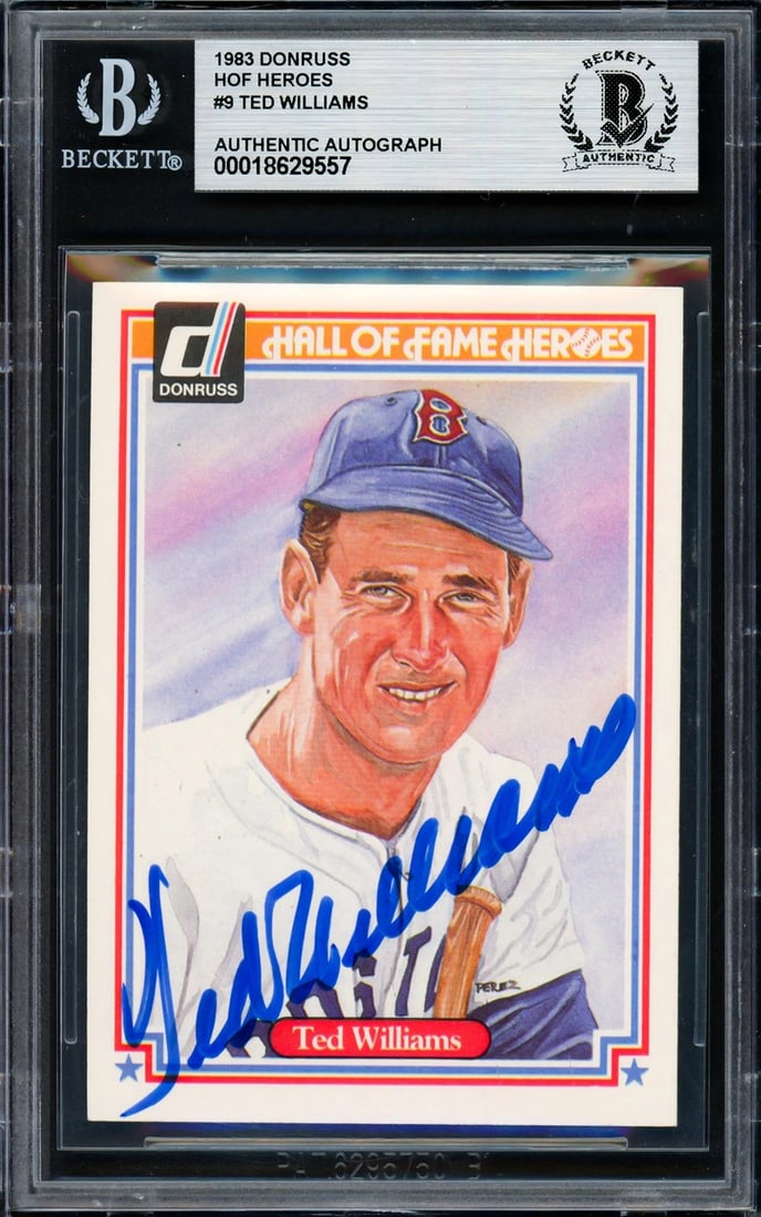 Ted Williams Signed 1983 Donruss HOF Heroes Card 9 Red Sox Beckett #18629557: Condition: Ungraded - Very good: Not in original packaging or professionally graded ,Player/Athlete: Ted Williams,Player: Ted Williams,Team: Red Sox,Sport: Baseball,Product: Card,Autographed: