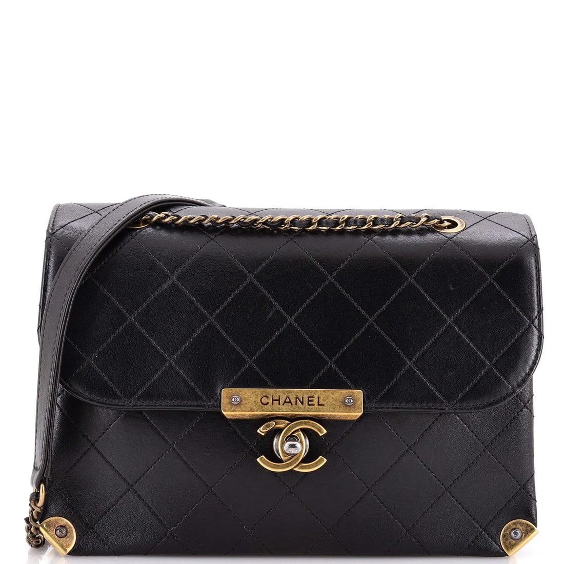 Chanel Around The Corner Flap Bag Quilted Lambskin Medium: Condition: Pre-owned - Good,Brand: Chanel,Exterior Material: Leather,Style: Cross Body Bags,Exterior Color: Black,Department: Women,Size: Medium