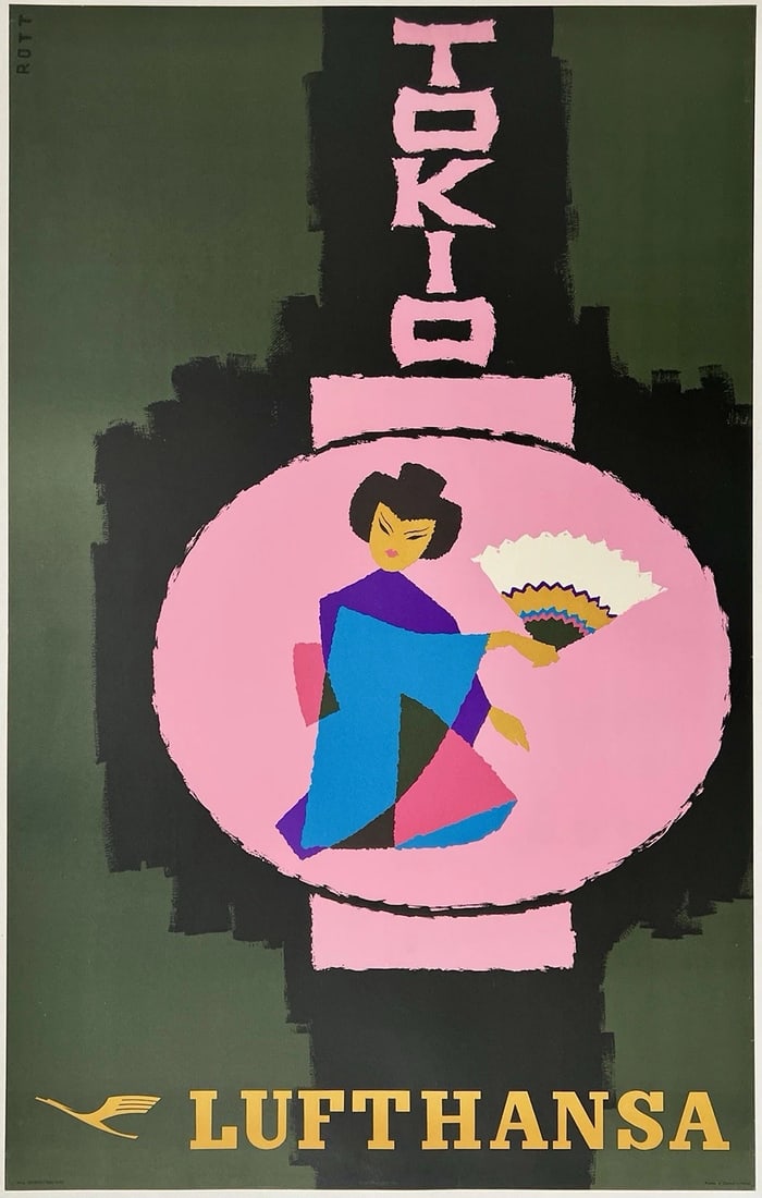 Original Vintage Poster TOKIO LUFTHANSA Tokyo Airline Travel Japan Tourism LINEN: Dimensions: 25 x 39.7 in. / 63.5 x 100.7 cm.; Circa: 1960Original vintage "TOKIO - LUFTHANSA" airline travel poster, plate signed by its artist, HANS ROTT, and printed circa 1960.