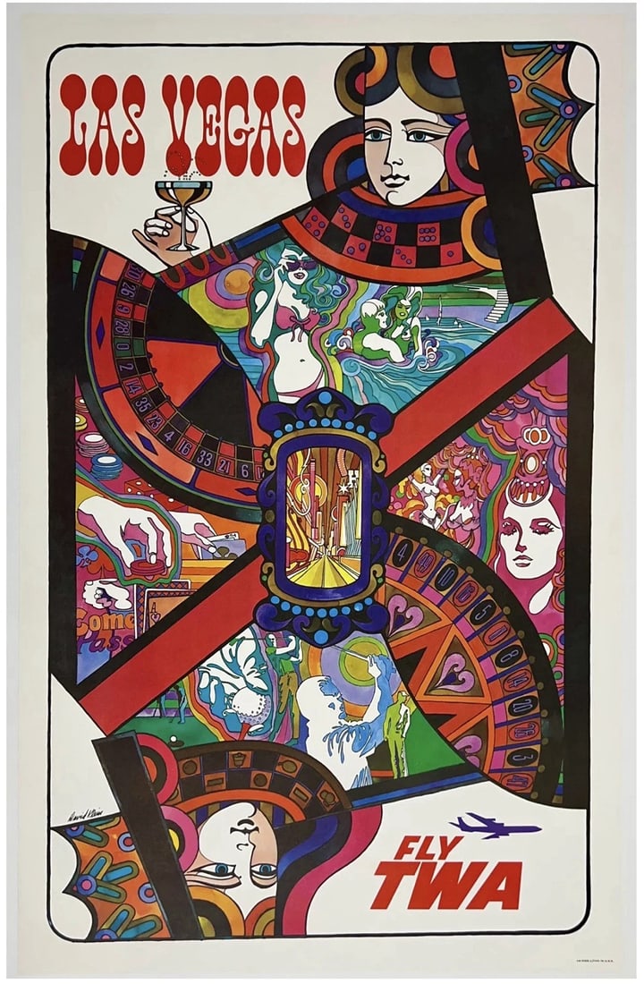 Original Vintage Poster LAS VEGAS - FLY TWA Airline Travel Tourism LINEN (1 of 5)