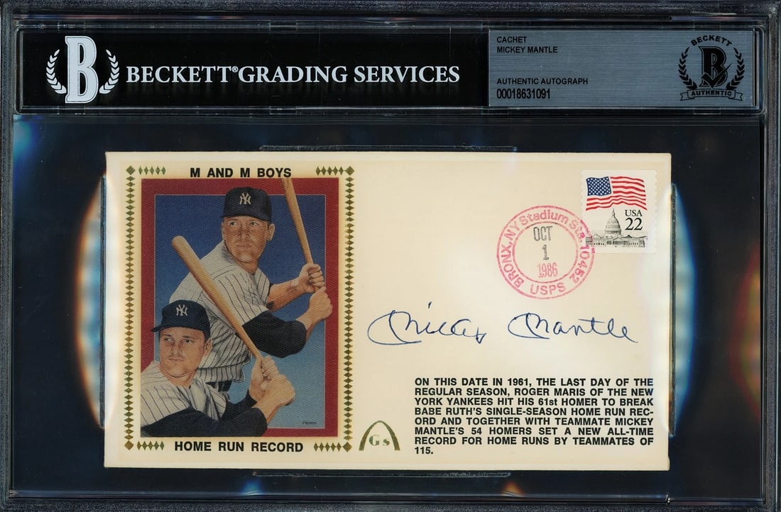 Mickey Mantle Signed 1986 First Day Cover New York Yankees Beckett: Player: Mickey Mantle,Team: New York Yankees,Sport: Baseball-MLB,Product: Memorabilia,Signed: Yes,Autograph Authentication: Beckett Authentication Services (BAS),Original/Reprint: Original,Country of