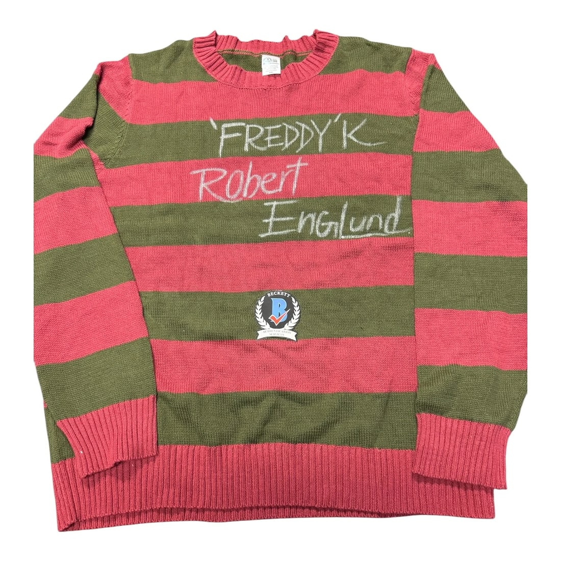 Robert Englund Signed Auto Nightmare On Elm Street Freddy Sweater Beckett BAS: Industry: Movies,Personalize: No,Movie: Nightmare On Elm Street,Signed by: Robert Englund,Signed: Yes,Autograph Authentication: Beckett,Original/Reproduction: Original,Country of Origin: United States