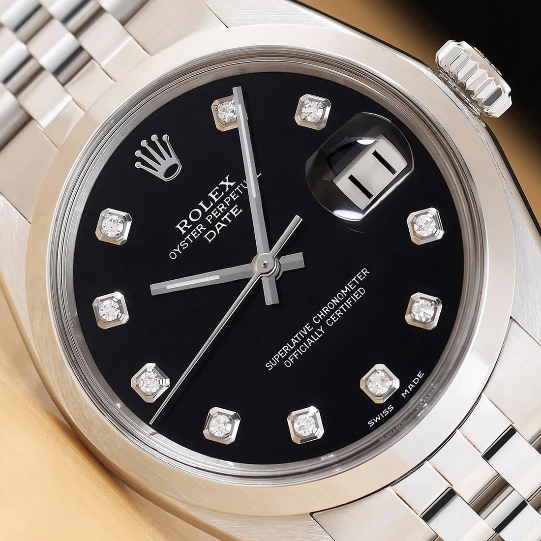 ROLEX OYSTER PERPETUAL DATE 1500 BLACK DIAMOND DIAL STAINLESS STEEL 34MM WATCH: Condition: Pre-owned - Good,Bezel Color: Silver,Max Wrist Size: 7.26-7.5 in,Number of Jewels: 26 Jewels,Indices: Diamond Markers, 12-Hour Dial,Bezel: Rolex Stainless Steel Smooth Bezel,Case Thickness: