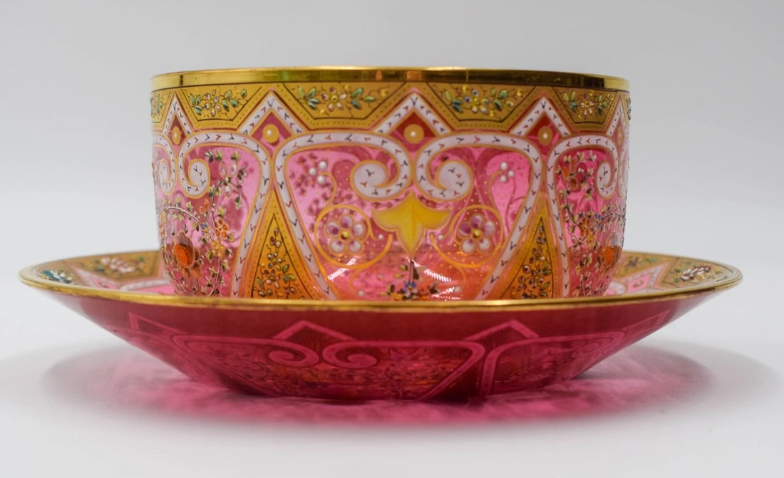 Incredible Moser Hand Painted & Enameled Finger Bowl & Underplate C.1925: Measurements: Bowl 2 3/4" deep by 4 1/2" diameter. Underplate 7" diameter by 1" deep. Condition: Used,Brand: Moser,Type: Finger bowl & underplate,Features: Hand Painted,Material: Glass