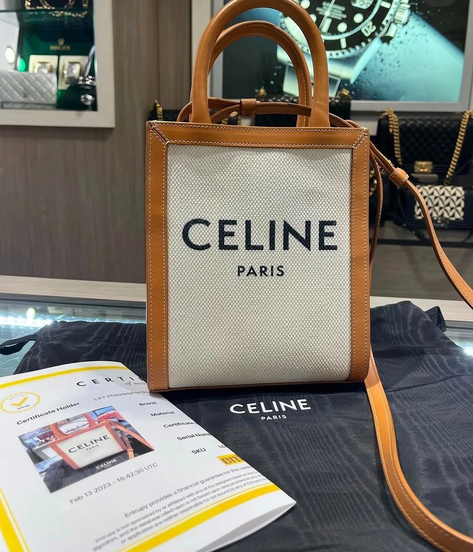 CELINE Cabas Tote Mini Natural Tan Canvas: Condition: Pre-owned - Good,Model: CELINE Cabas Vertical,Country of Origin: Italy,Bag Width: 6.63 in,Bag Height: 8 in,Closure: Open/No Closure,Handle/Strap Color: Brown,Size: Mini,Handle Drop: 3.71