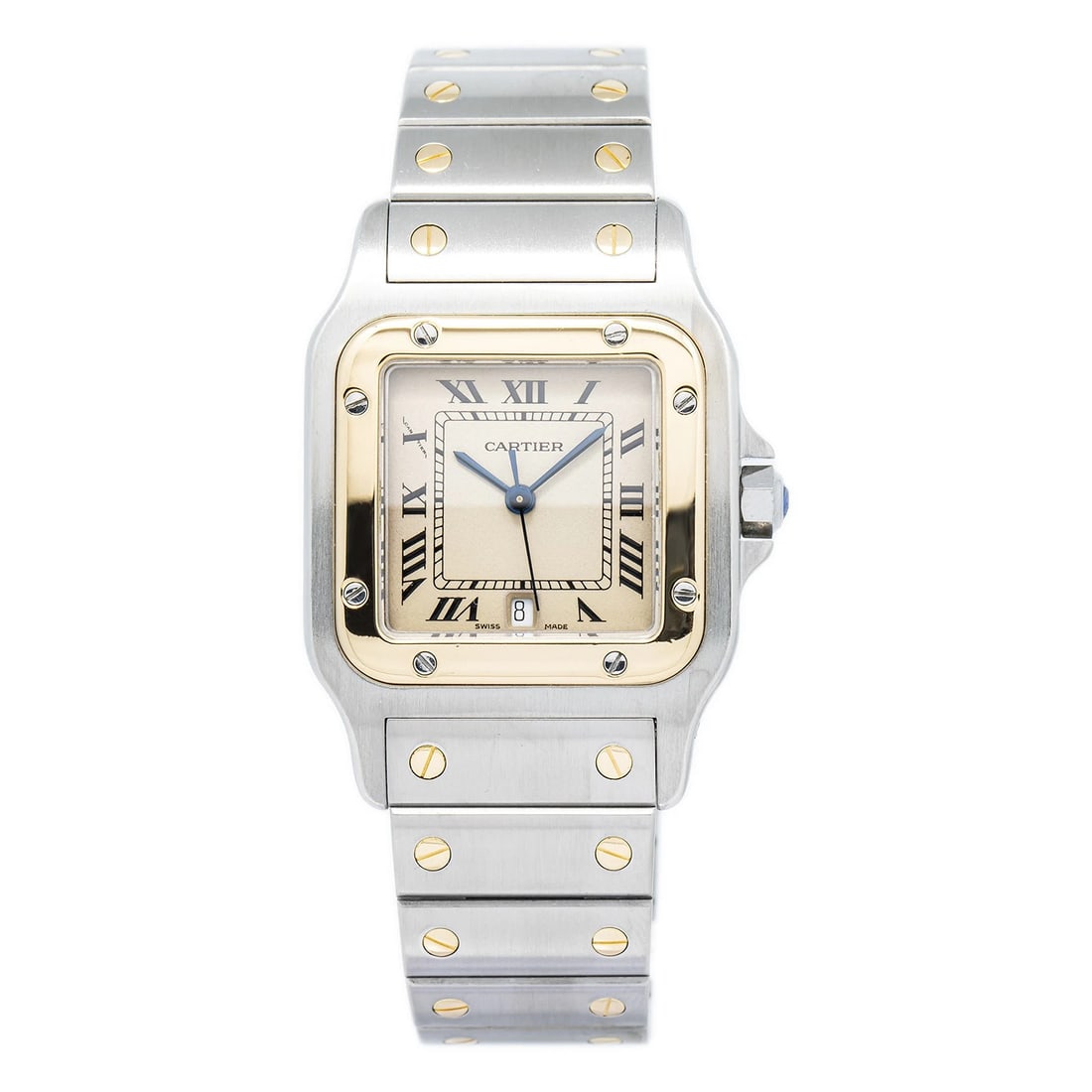 Cartier Santos Galbee 1566 W20011C4 18k YG Two Tone White Roman Dial Quartz 29mm: Condition: Pre-owned - Good: This item has been gently used but is in good condition. It might have a few signs of wear, like light scratches or tarnishing. All imperfections should be shown and