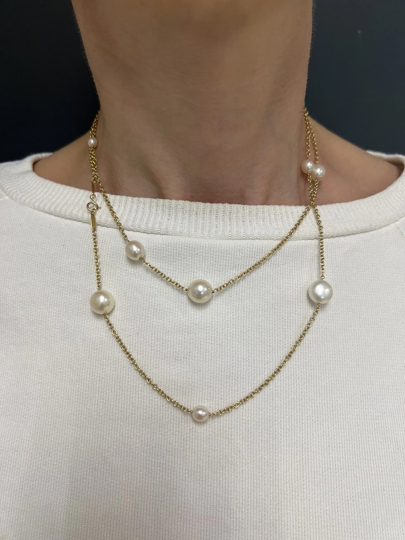 TIFFANY & CO. ELSA PERETTI 18k Yellow Gold & Pearl Sautoir Necklace Vintage 1980: Condition: Pre-owned - Good: This item has been gently used but is in good condition. It might have a few signs of wear, like light scratches or tarnishing. All imperfections should be shown and