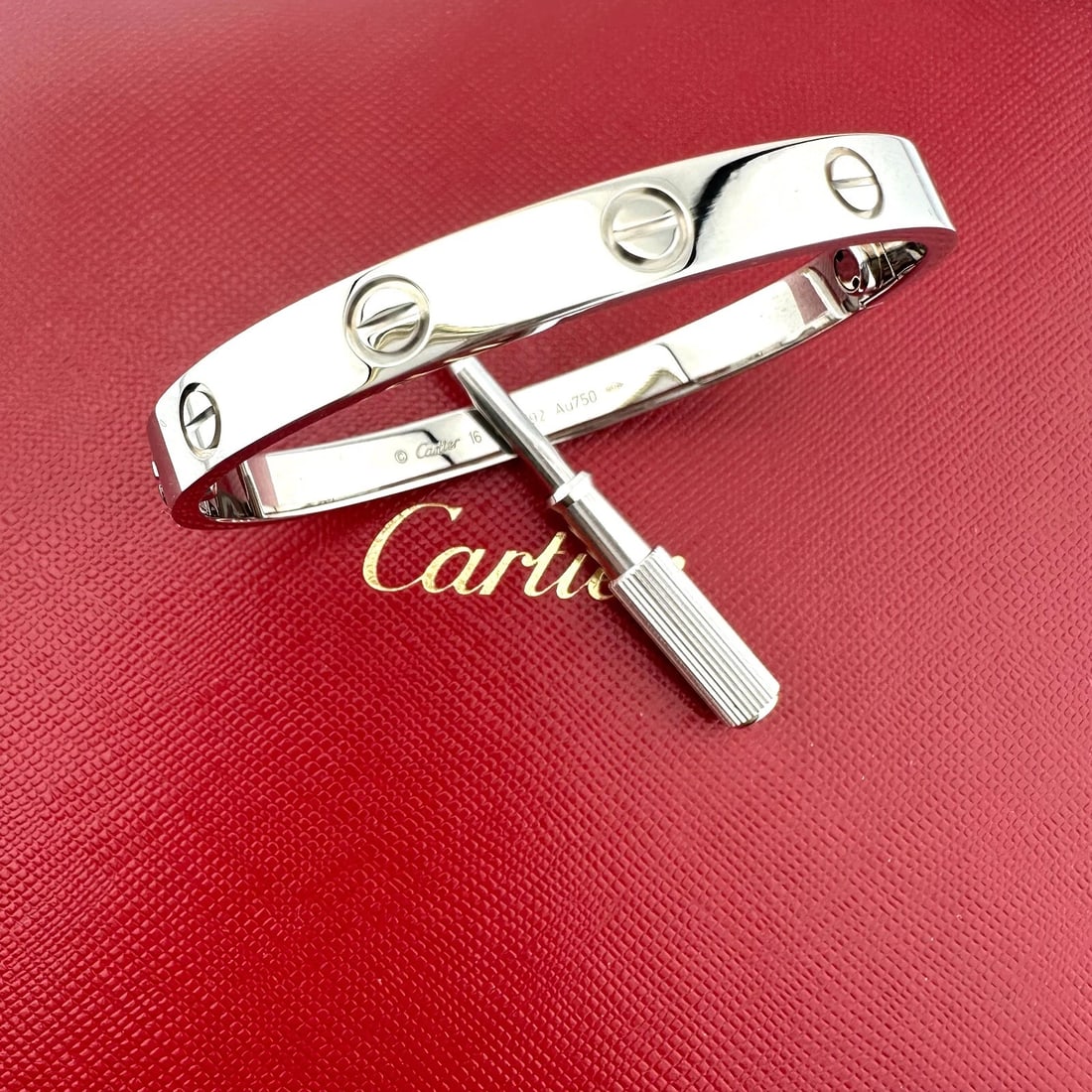Cartier LOVE 18k White Gold Classic Model Bracelet Size 16 Box: Condition: Pre-owned - Good,Materials sourced from: France,Country of Origin: France,Closure: SCREW,Signed: Yes,Sizable: No,Metal: White Gold,Item Length: 5.75,Modified Item: No,Main Stone: No
