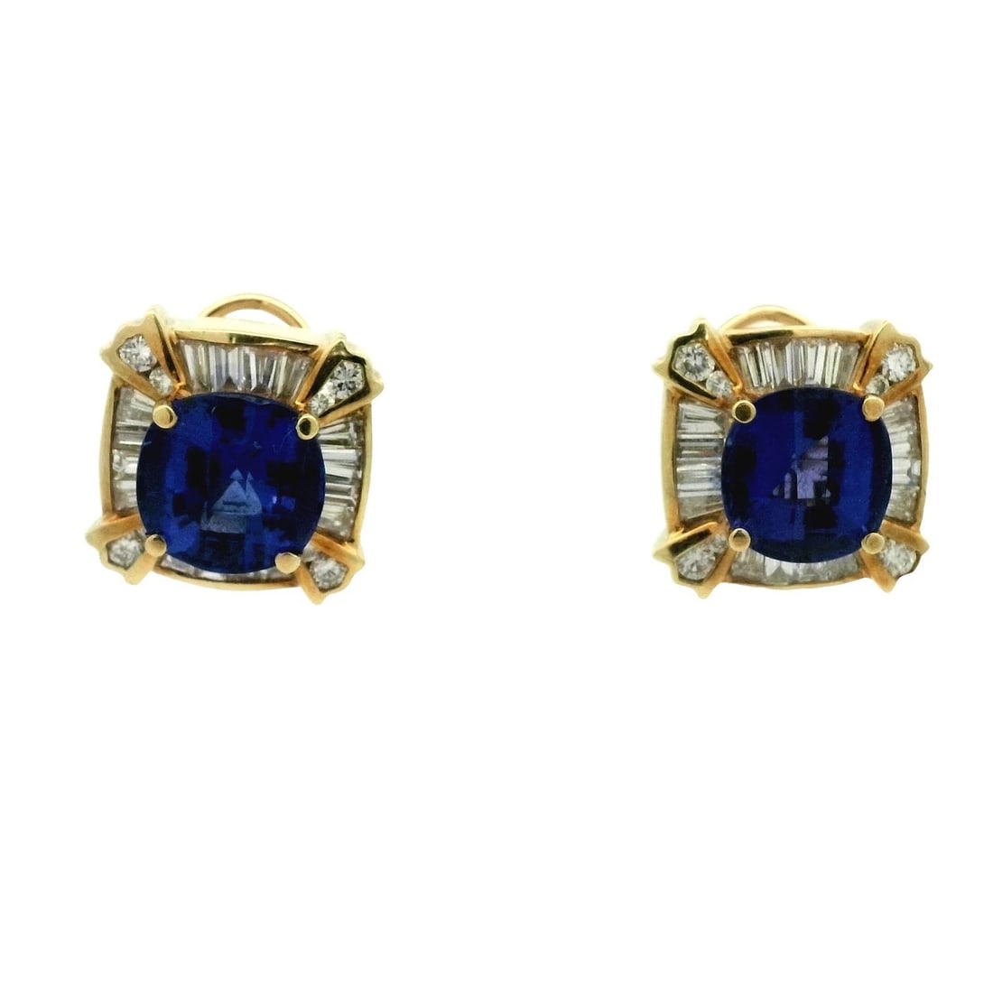 Tanzanite & Diamond Stud Earrings In 18K Yellow Gold: Condition: Pre-owned - Good,Number of Diamonds: 48,Main Stone Creation: Natural,Closure: Secure Lock Back,Main Stone Width: 11.7 mm,Main Stone Color: Blue,Metal: Yellow Gold,Item Length: 18.7mm,Total
