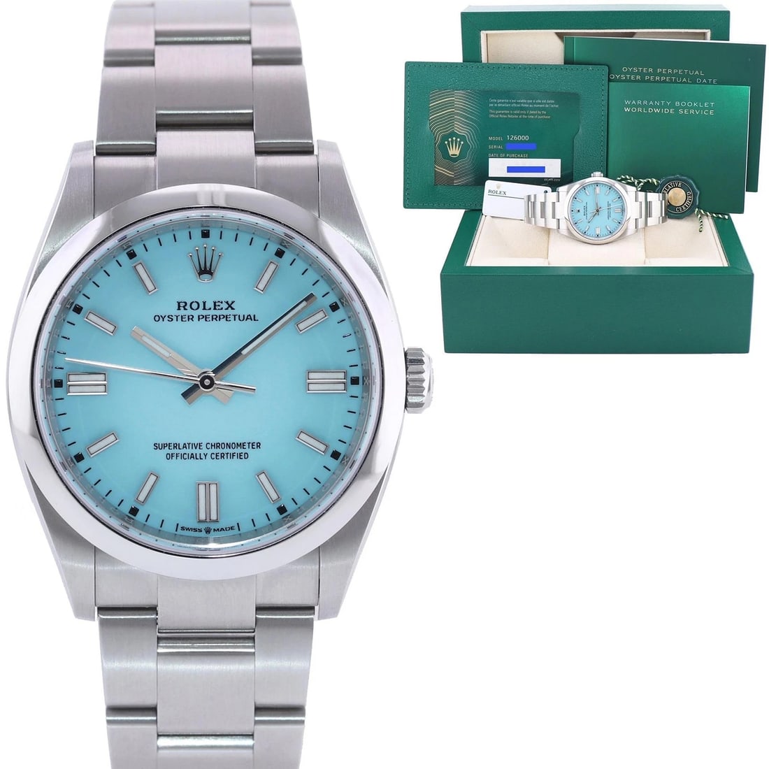2021 NEW PAPERS Rolex Oyster 126000 Perpetual 36mm TIFFANY BLUE Watch Box: BrandRolex (Guaranteed Authentic)Model Oyster PerpetualReference Number126000Serial NumberRandom Serial-GenderMen'sMetalStainless SteelCase Size36.00mmWrist SizeThis watch will currently comfortably f