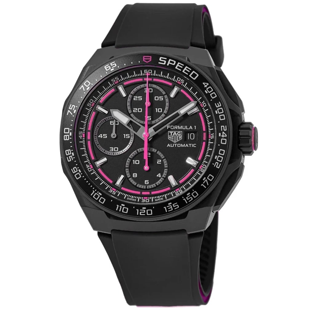 Tag Heuer Formula 1 Chronograph Limited Edition Men's Watch: CaseCase MaterialTitaniumCase DescriptionPolished Black DLC TitaniumCase FinishPolishedCase ShapeRoundCase Diameter44.00mmCase Thickness14.50mmCase BackSolid - Engraved Case BackBezelFixed. Tachymeter