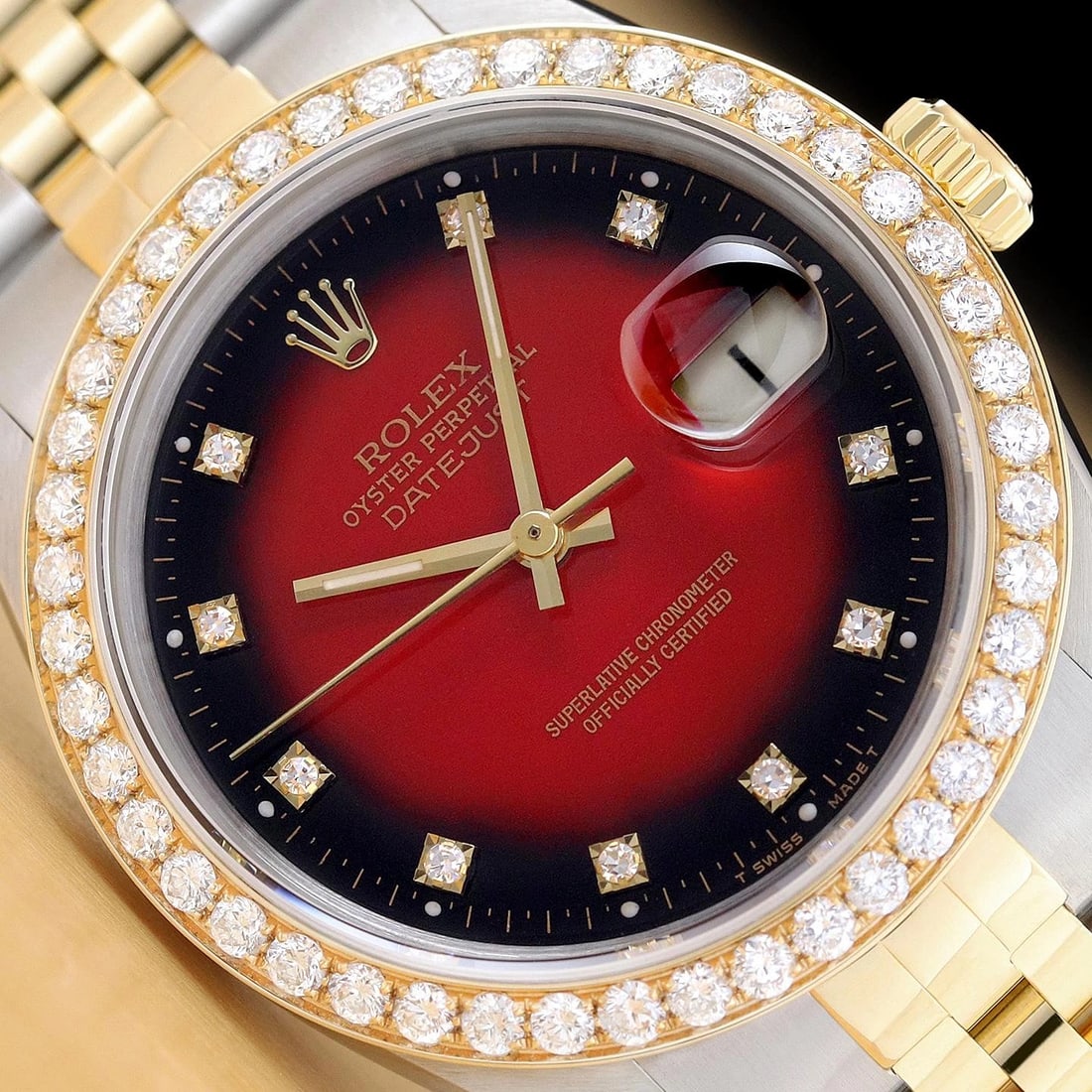 ROLEX DATEJUST 16233 RED VIGNETTE FACTORY DIAMOND 1.6 CT BEZEL 18K GOLD SS WATCH: This is an authentic Rolex Datejust 16233 watch with a two tone 18K yellow gold and stainless steel jubilee bracelet, factory Rolex diamond dial Ref., and custom 18K yellow gold 1.6 CT diamond bezel.