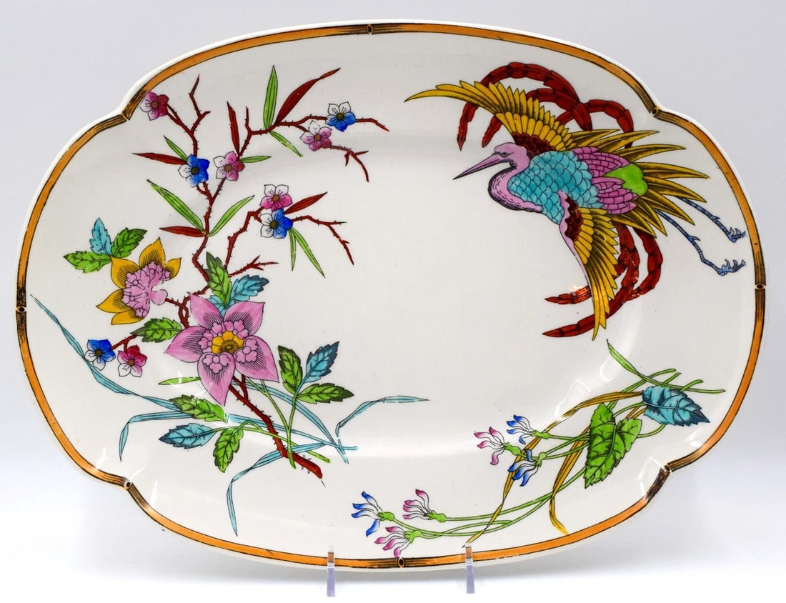 Aesthetic Movement Royal Worcester Platter - Decorated w/Cranes, Circa 1880: Condition: Used,Brand: Royal Worcester,Origin: England,Pattern: Floral,Antique: Yes,Type: Platter,Shape: Oval,Care Instructions: Hand Wash Only,Color: Multicolor,Material: Porcelain,Backstamp:
