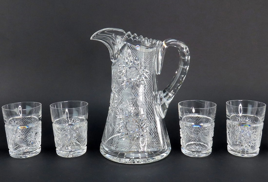 Dazzling American Brilliant Period Intaglio Cut Glass Water Pitcher w 4 Cups: Condition: Used: An item that has been used previously. The item may have some signs of cosmetic wear, but is fully operational and functions as intended. This item may be a floor model or store retur