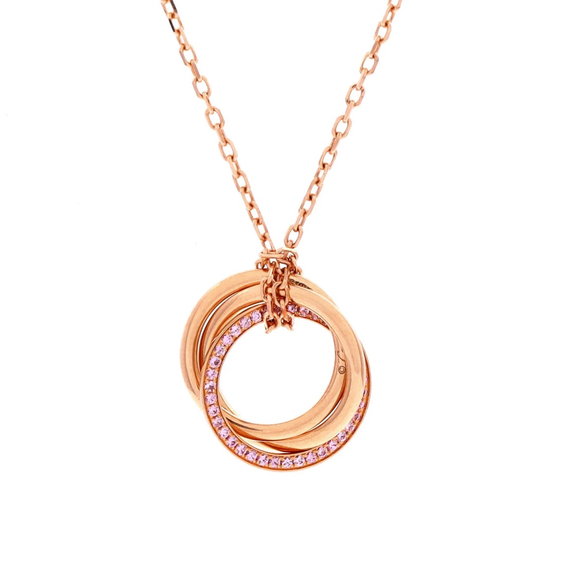 Cartier Trinity Pendant Necklace 18K Rose Gold with Pave Pink Sapphires: Condition: Pre-owned - Good,Brand: Cartier,Main Stone: Sapphire, Pink,Metal: 18K Rose Gold,Metal Purity: 18K,Style: Pendant,Type: Necklace,Color: Rose Gold,Material: 18K Rose Gold, DiamondCondition: