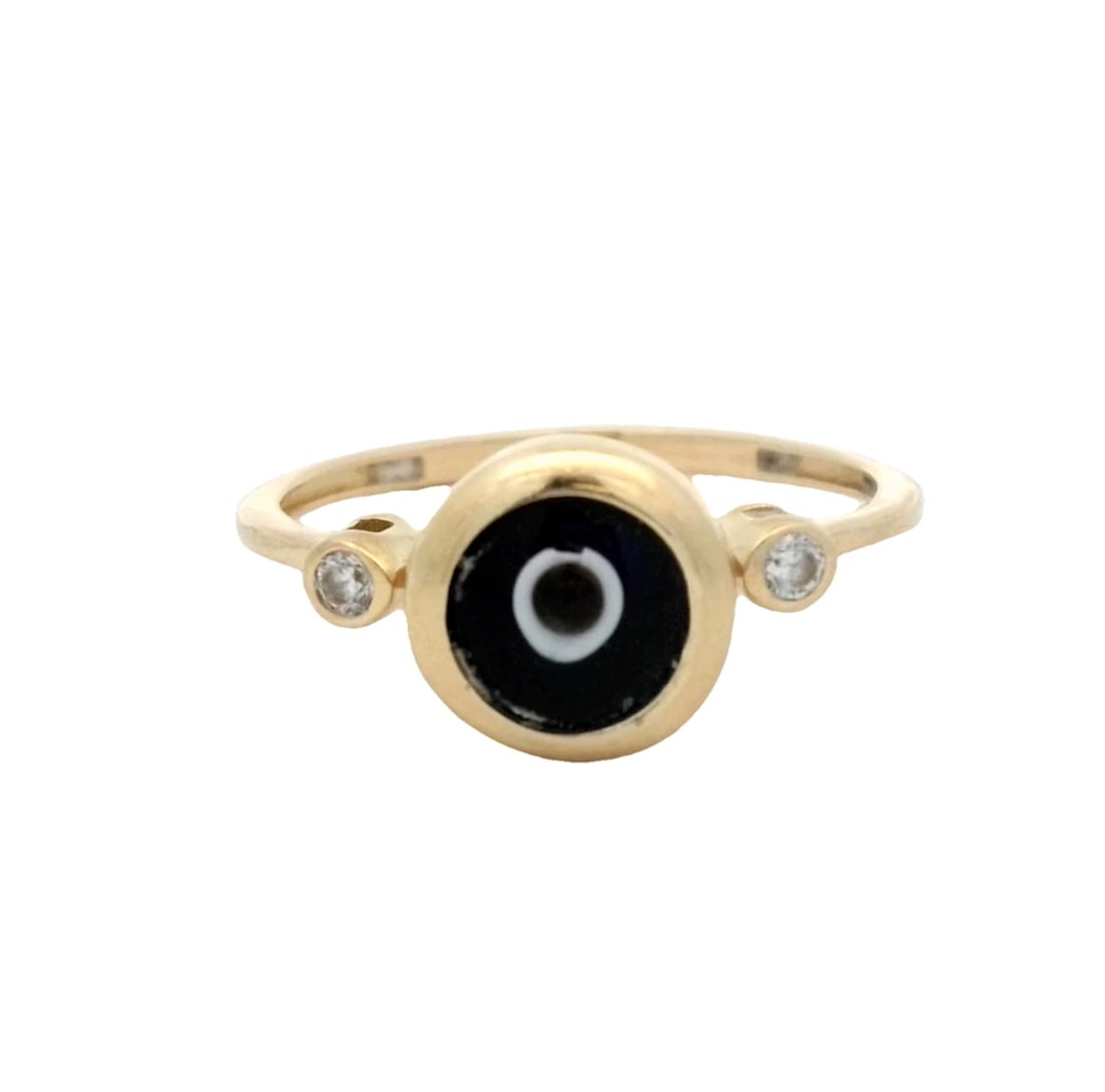 Eye Cubic Zirconia Ring In 14k Yellow Gold: Condition: Pre-owned,Shape: Round,Cut Grade: Good,Sizable: No,Main Stone Color: Blue,Material: Gemstone,Metal: Yellow Gold,Brand: Unbranded,Ring Size: 8.5,Setting Style: Bezel,Type: Ring,Main Stone Sh