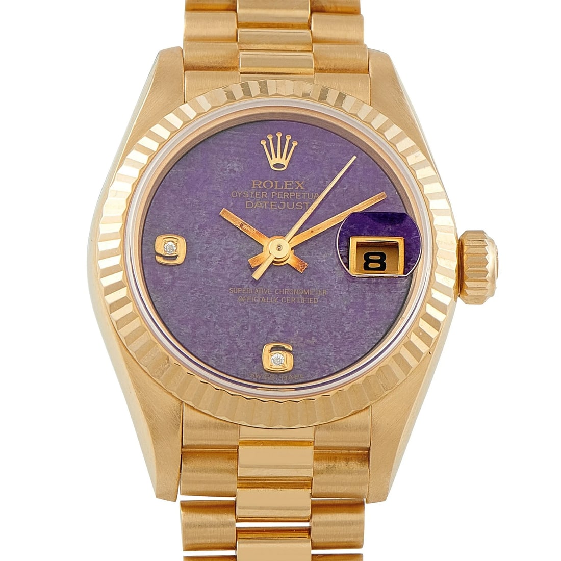 Rolex Lady-Datejust Sky Lavender Sugilite Stone Dial Yellow Gold Watch 69178: Condition: Pre-owned - Good: This item has been gently used but is in good condition. It might have a few signs of wear, like light scratches or tarnishing. All imperfections should be shown and