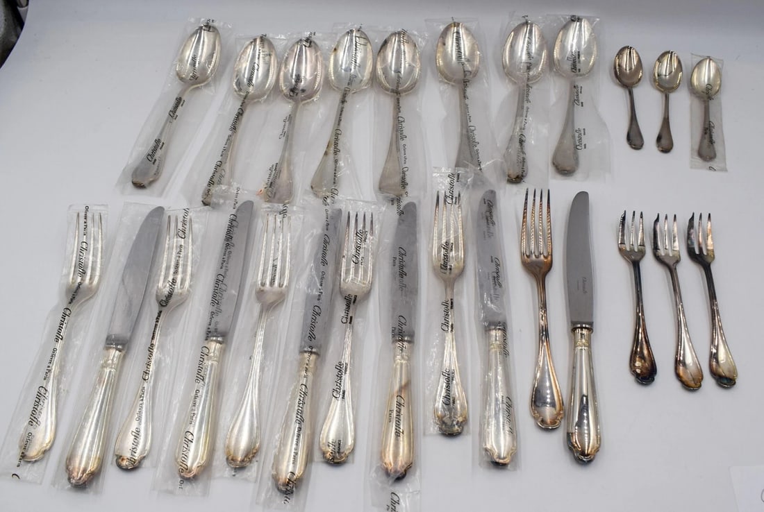 Partial Set of Christofle France Silverplate (26 pieces) Pompadour (1 of 16)
