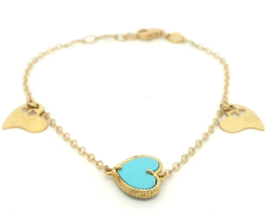 Turquoise Heart Charm Bracelet In 18k Yellow Gold: Condition: Pre-owned - Good,Antique: No,Main Stone Creation: Natural,Closure: Lobster,Occasion: Anniversary, Birthday, Christmas, Graduation, Mother's Day, Valentine's Day, Wedding,Main Stone Width: 1