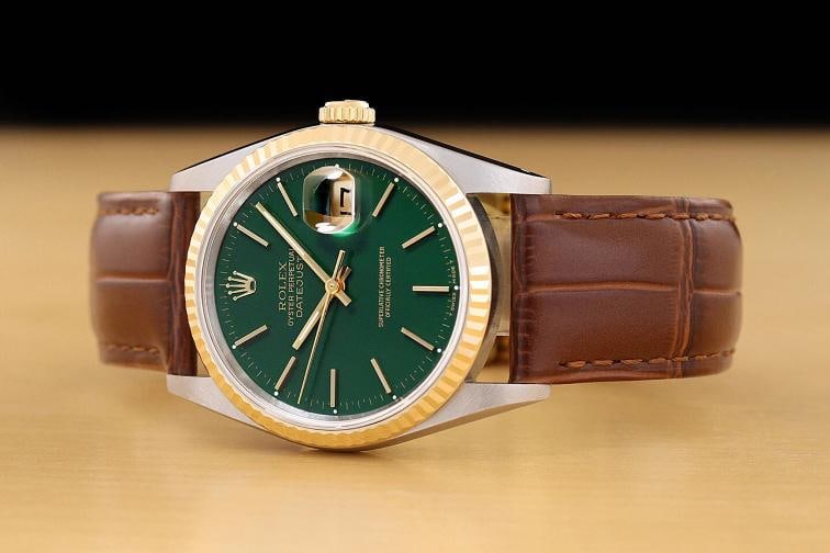 ROLEX MENS DATEJUST 16233 18K GOLD STEEL GREEN DIAL WATCH w/ BROWN LEATHER BAND - 2