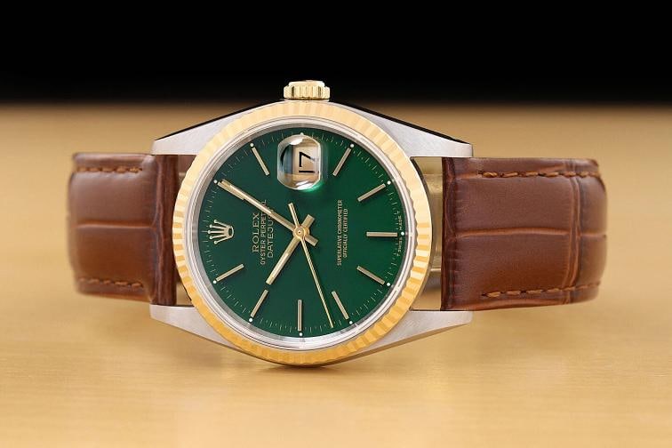 ROLEX MENS DATEJUST 16233 18K GOLD STEEL GREEN DIAL WATCH w/ BROWN LEATHER BAND - 3
