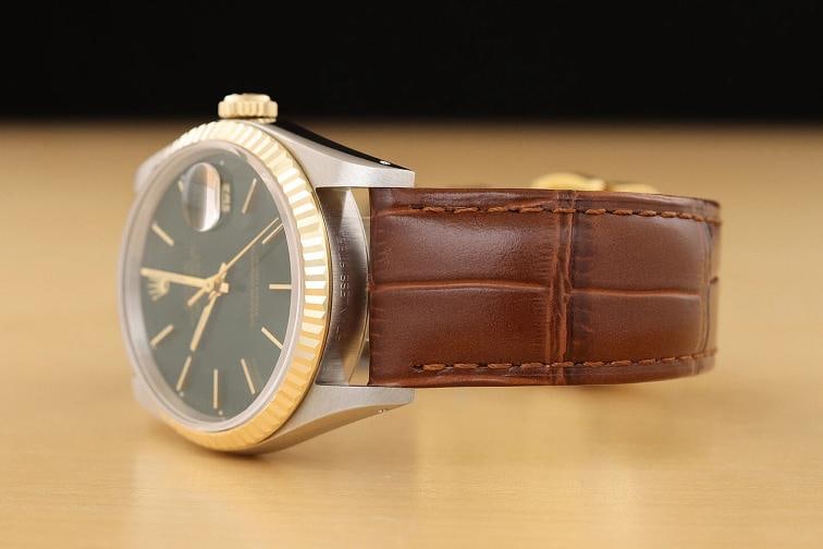 ROLEX MENS DATEJUST 16233 18K GOLD STEEL GREEN DIAL WATCH w/ BROWN LEATHER BAND - 4