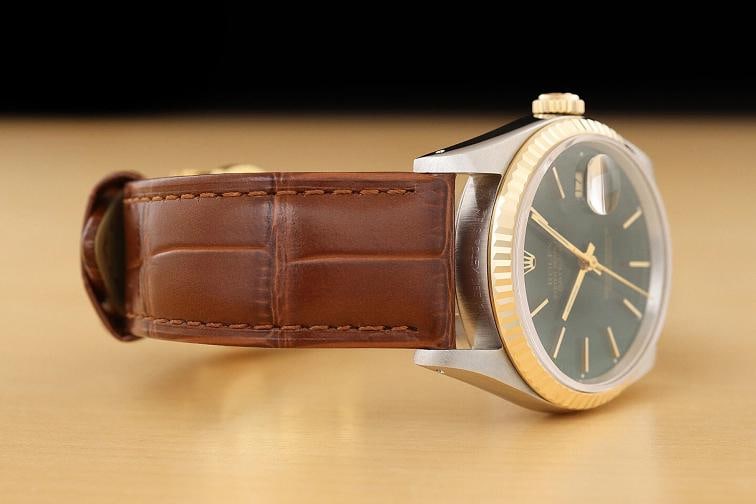 ROLEX MENS DATEJUST 16233 18K GOLD STEEL GREEN DIAL WATCH w/ BROWN LEATHER BAND - 7