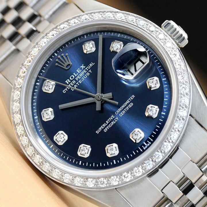 MENS ROLEX DATEJUST 1603 BLUE DIAMOND DIAL 18K WHITE GOLD & STEEL JUBILEE WATCH: Condition: Pre-owned - Good,Bezel Color: Silver,Max Wrist Size: 7.26-7.5 in,Number of Jewels: 26 Jewels,Indices: Diamond Markers, 12-Hour Dial,Bezel: Custom 18K White Gold Diamond Bezel,Band/Strap: Br