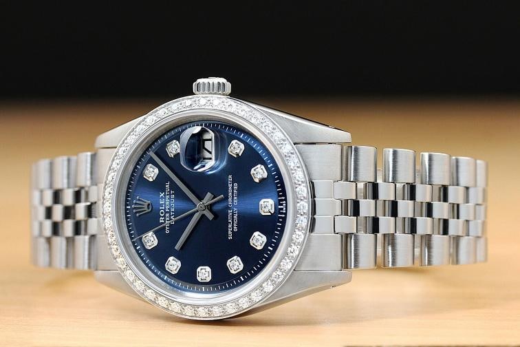 MENS ROLEX DATEJUST 1603 BLUE DIAMOND DIAL 18K WHITE GOLD & STEEL JUBILEE WATCH - 2