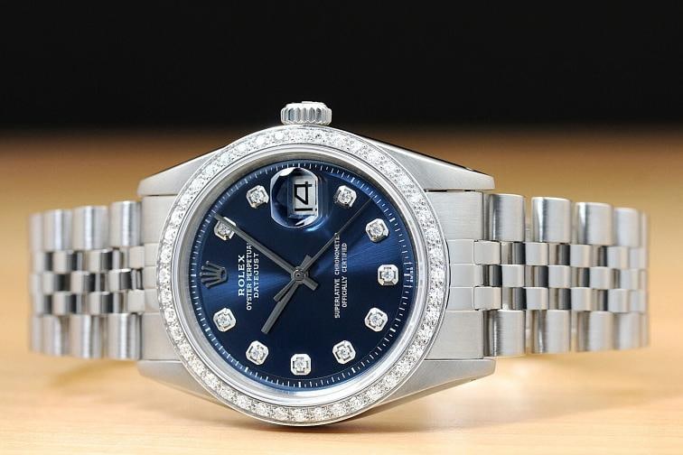 MENS ROLEX DATEJUST 1603 BLUE DIAMOND DIAL 18K WHITE GOLD & STEEL JUBILEE WATCH - 3