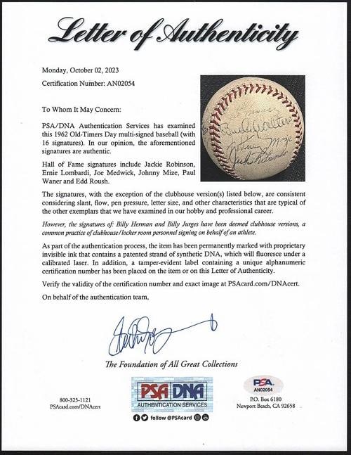 Jackie Robinson Paul Waner 1962 Old Timers Day HOF Multi Signed Baseball PSA DNA - 4