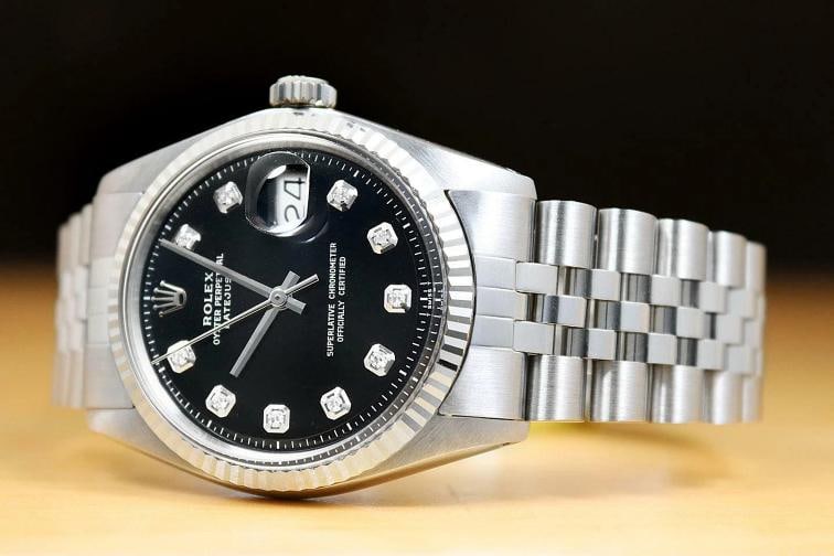 MENS ROLEX DATEJUST 1601 BLACK DIAMOND 18K WHITE GOLD STAINLESS STEEL WATCH - 2