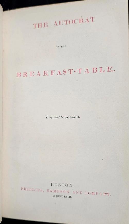 1858 The Autocrat at the Breakfast-table 1st Ed. Signed by Author Fine Leather - 11
