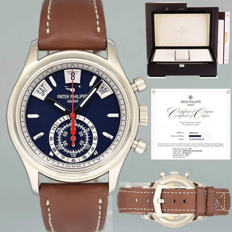 2018 PAPERS MINT Patek Philippe 5960G White Gold Chrono Blue Calendar 40.5mm (1 of 8)
