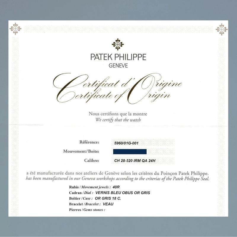 2018 PAPERS MINT Patek Philippe 5960G White Gold Chrono Blue Calendar 40.5mm - 8