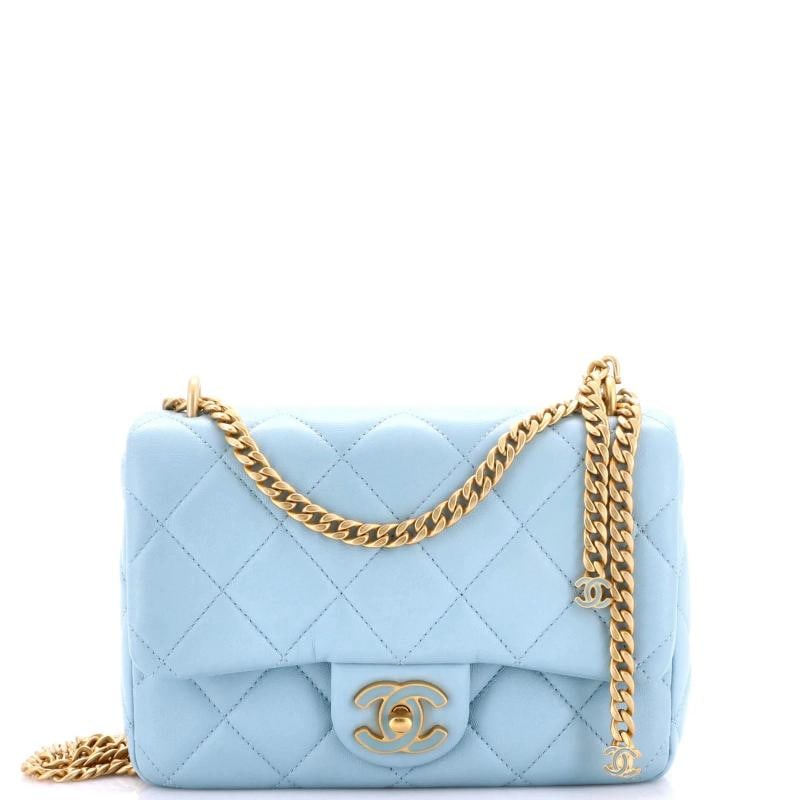 Chanel Pending CC Square Flap Bag Quilted Lambskin Small: Measurements: Height 6", Width 8", Depth 3", Strap Drop 12" . Condition: Pre-owned - Excellent,Brand: Chanel,Exterior Material: Leather,Style: Shoulder Bags,Exterior Color: Blue,Department: