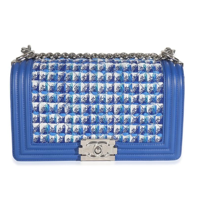 Chanel Blue Lambskin Quilted Tweed Old Medium Boy Bag: Condition: Pre-owned - Good,Country of Origin: France,Dimensions: 10 x 5.75 x 2.75,Handbag Accessories: Authenticity Card,Bag Width: 10 in,Bag Depth: 2.75 in,Bag Height: 5.75 in,Department: