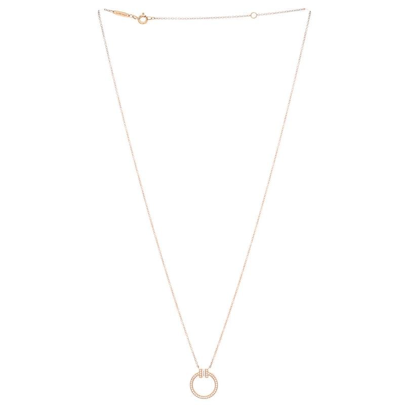 Tiffany & Co. T Circle Pendant Necklace 18K Rose Gold with Diamonds and Center - 3