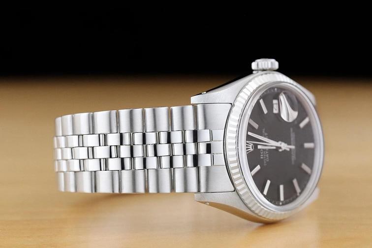 ROLEX MENS DATEJUST BLACK 18K WHITE GOLD STEEL WATCH w/ FOLDED JUBILEE BAND - 7