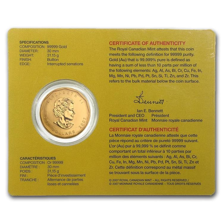 2007 Canada 1 oz Gold Maple Leaf .99999 BU (w/Assay Card) - 2